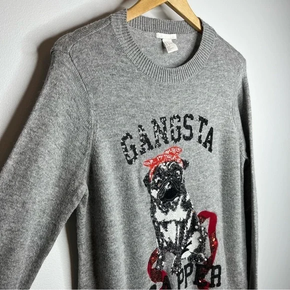 H&M Women's Medium Angora Blend Pug Dog Gangsta Wrapper Pullover Sweater Grey - Picture 5 of 11